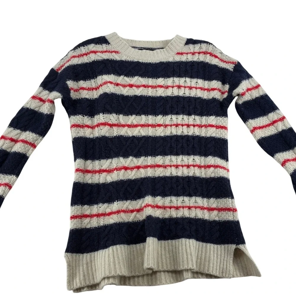 J. Crew Sweater Mens M Sweater Navy Cream Red‎ Striped Cable Knit Merino Wool